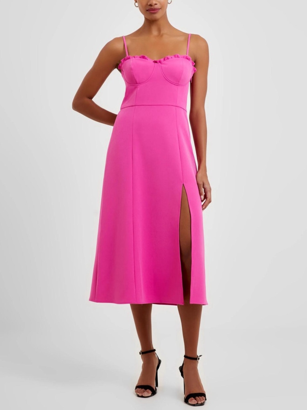 French Connection Bright Pink Bustier Midi Dress with Side Slit